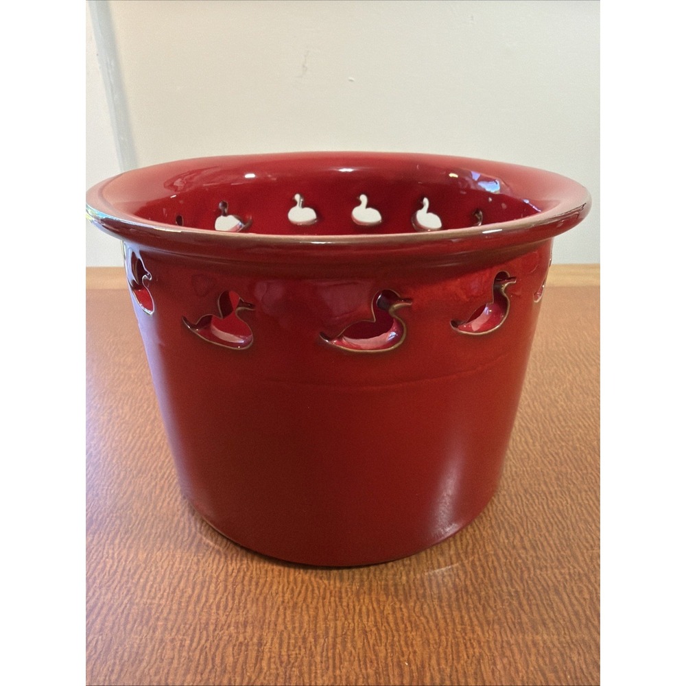 Glossy Red Crock Style Planter With Row Of Duck Cut Outs Rare 5.5" Diameter